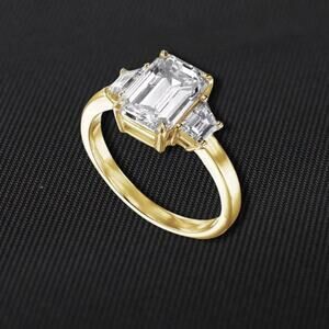 2 Ct Moissanite Engagement Ring Three Stone Emerald Cut 18k Gold Plated 7 NWT